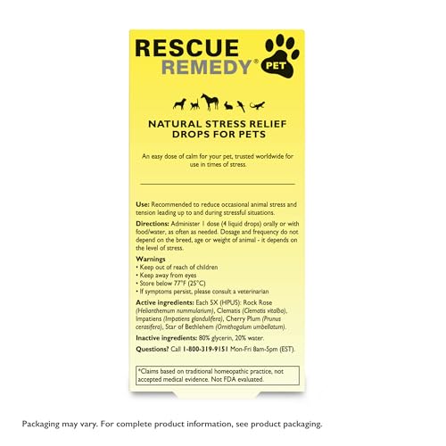 Bach Rescue Remedy PET Pipette 20 ml, natürlicher Stressabbau, beruhigend für Hunde, Katzen und andere Haustiere, homöopathische Blütenessenz, Donner, Feuerwerk & Reisen, Trennung, Sedative-Free
