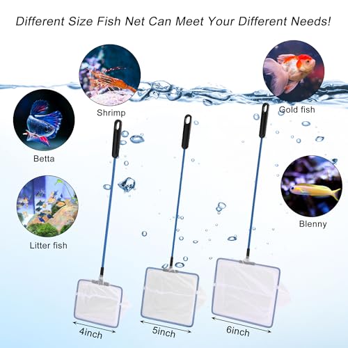 Image of Lpraer 4in 5in 6in Aquarium Fish Net Green Fine Mesh Nylon Net Collection with 11 inch Long Handle Square Quick Catch Fish Net for Fish Tank
