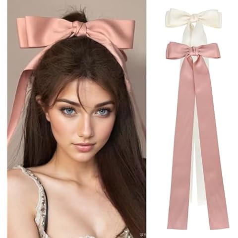 FAELBATY Women's Satin Hair Ribbons with Long Tail Bowknot Hair Barrettes - 21 Inch Silky Ponytail Holders with Metal Clips, 2PCS (Pink & White) Cover