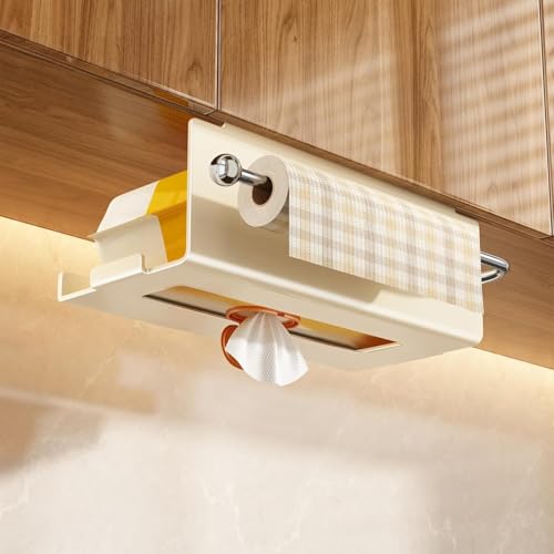 TerraShine キッチンペーパーホルダー ラップホルダー ロールペーパーホルダー 吊り下げ 防水防錆 壁掛け ティッシュケース用 台所 洗面所 テーブル下（ホワイト）