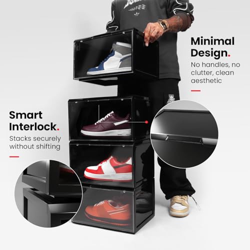 Image of SHOEGR Safe | Shoe Storage Organizer | Sneaker Storage Box | Black Heavy-Duty Shoes Boxes | Side Drop Crates with Magnetic Closure | Large Storage Box | Fits upto Size UK14 (Black, Pack of 1)