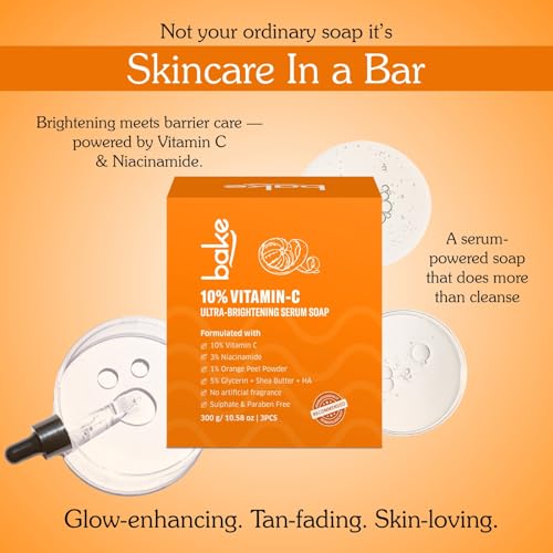 Image of BAKE 10% Vitamin C Ultra Brightening Serum Soap (300g, Pack of 3) with 3% Niacinamide & Turmeric for Pigmentation, Sun Tan & Dark Spots | Exfoliates Dead Skin Cells, Removes Stubborn Marks | For Men & Women - 300g