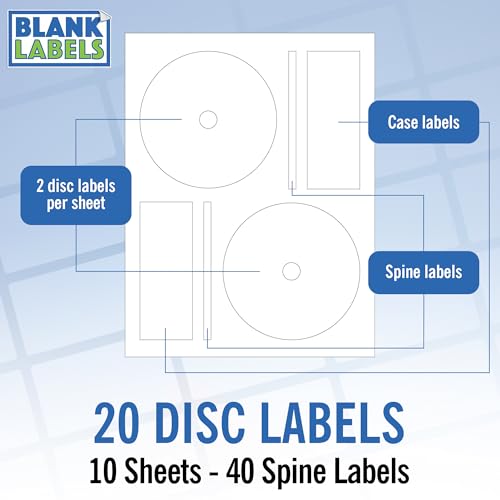 Image of CD /DVD Label Full Face | Qty 20 Disc, 40 Spine | 10 Sheets Total | Permanent White Matte | Inkjet & Laser Compatible | Fits Standard Discs | Blank Label