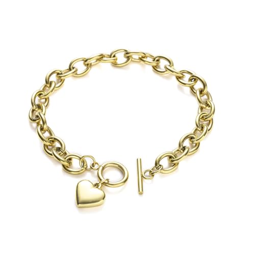 14K Gold Silver Tone Women’s Heart Charm Bracelets Toggle Clasp Stainless Steel Link Bracelet Minimalist Jewelry 7.5”