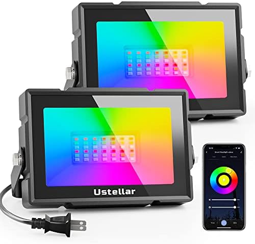 USTELLAR Smart WiFi LED Flood Lights Outdoor, RGB Color Changing Stage Landscape Lighting with APP Group Control, Timing, Alexa, Outdoor Uplights IP66 Spotlights for Christmas Halloween Party, 2 Pack