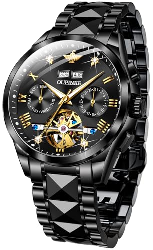 OUPINKE Mens Automatic Watches Diamond Skeleton Self Winding Luxury Dress Wrist Watch Sapphire Crystal Tungsten Steel