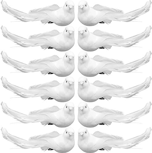 Ezebesta Aritificial pájaros blancos con clips decorativos pájaros con plumas realistas palomas, árbol de Navidad, corona de boda, ornamento (12 piezas) Cover