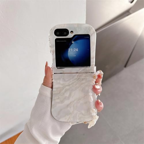 Coque Samsung Galaxy Z Flip 6 antichoc TPU marbre blanc avec bracelet perles