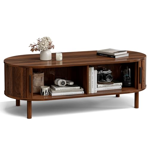 Image of ZttRiee Oval Coffee Table with Sliding Doors, Mid-Century, Walnut | 47.24 inchL x 21.65 inchW x 16.14 inchH, 200 lbs capacity, 2 front & back storage areas, ~60 min assembly