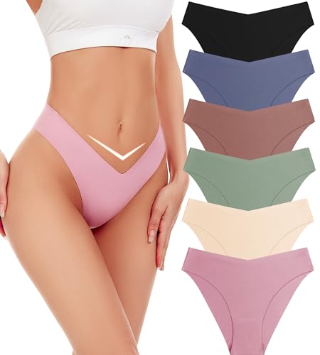 Seamless Bikini Cheeky Panties for Women Soft V-Cut No Show Hipster Breathable Stretch Invisibles Panties 6 Pack S-XL