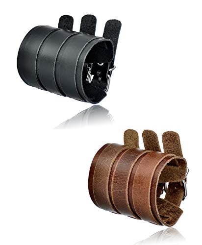 Tornito 2Pcs Genuine Leather Three Wide Strap Bracelet Punk Cuff Gauntlet Biker Arm Armor Bangle Wristband For Women Men Black Brown Size Adjustable