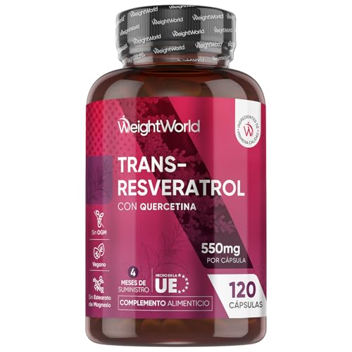 Trans Resveratrol con Quercetina 550mg - 120 Cápsulas de un 98% de Knotweed Japonés y Sophora Japonica - 4 Meses de Suministro - Apto para Veganos y Sin Gluten