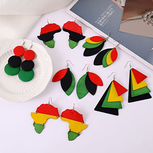 African Natural Wood Earrings Retro Bohemian Multilayer Round Geometric Dangling Eardrop Colorful Lightweight Wooden Map Leaf Triangle Drop Earring Ethnic Style Jewelry for Women4