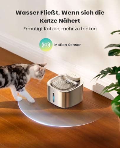oneisall Katzenbrunnen Kabellos, 3.5L Trinkbrunnen für Katze Edelstahl, 5000mAh Akku, Katzen Trinkbrunnen mit Bewegungsmelder, Leise Wasserpumpe, 3 Filter