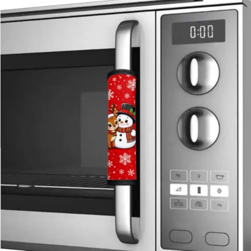 Image of Christmas Fridge Door Handle Covers Set of 6 Kitchen Appliance Decor Handles Glove Anti-Slip Protectors Washable Fabric Refrigerator Decor Accessories, Cute Reindeer Snowman Red
