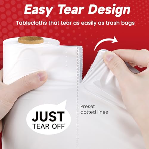 Image of Plastic Table Cloth, 110 Ft X 54 in White Disposable Tablecloth PEVA Plastic Tablecloth Roll with Any Cut Sliding Cutters Premium Table Cover Roll for Everyday Tables, Meals, Parties, Crafts, Picnics