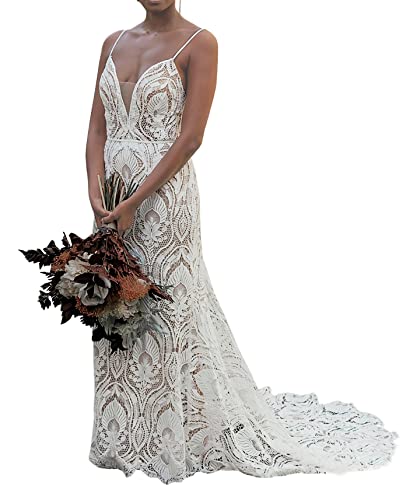 Women's Lace Boho Wedding Dresses for Bride Plus Size Long Beach Mermaid Bridal Dress Bohemian Wedding Gowns