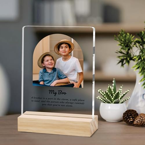 Image of Giftplease Customized Photo and Text Frame with Wooden Stand | Personalised Printed Photo Frame | Gift for Brother | Birthday | (Transparent, 5MM, 6 * 8 Inches), Tabletop BG 07