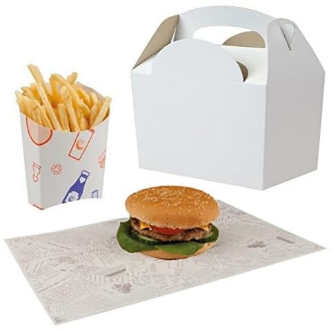 BBQ Party/Kids Happy Meal Takeaway White Food Boxes with Chip Scoop & Burger Wrap (10) Cover
