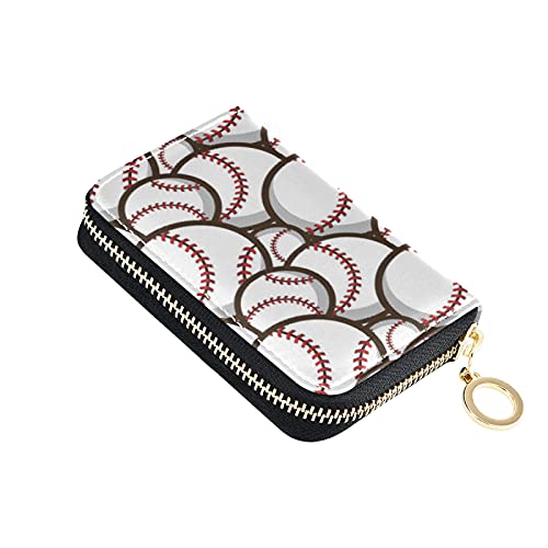 Baseball Ball Grey Credit Card Coin wallet, RFID Blocking Compact Women Leather Card Holder, Key Change Organizer, Zipper Purse Clutch Pouch Pocket
