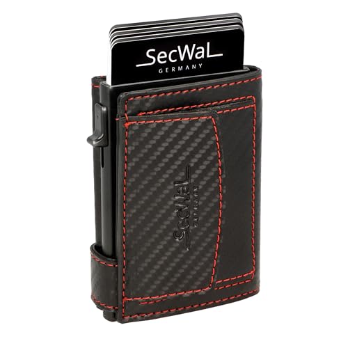 SecWal Kartenetui mit Münzfach Druckknopf inkl. Geschenkbox - Made in Germany - Echtleder Mini Geldbörse inkl. E-Book für Damen und Herren - RFID Schutz Geldbeutel klein (Carbon Schwarz-Rot)