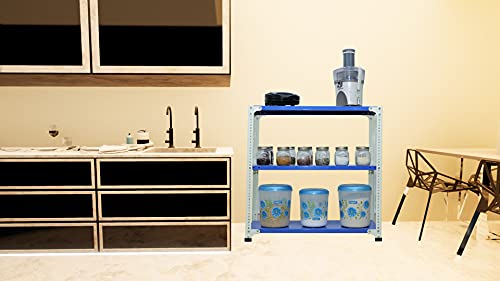 Image of Mil-Nil Prime CRC Sheet 3 Shelf Multipurpose Slotted Angle Rack, 36 x 36 x 18 Inch, 18 Gauge [(Blue-White) Powder Coating] 14 Gauge Angles