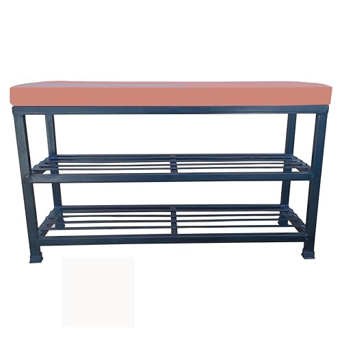 Image of Metal Shoe Rack Bench for Entryway | 2-Tier Shoe Organizer with Comfortable Cushion | Multipurpose Hallway Storage Furniture (Black, Heavy Duty Steel)