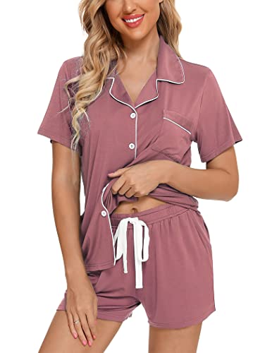 Image of Pjmlifecoco Women's Modal Pajama Set Short Sleeve Button Down Two Piece Soft Sleepwear with Shorts Loungewear S-XXL