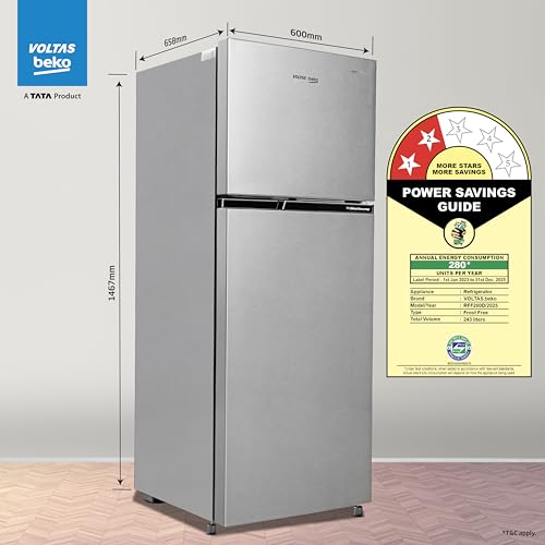 Image of Voltas Beko, A Tata Product 243 L, 2 Star, 6-in-1 Adjustable Frost Free Inverter Double Door Refrigerator (RFF280D / WPXIR0I0000GO, Brushed Silver)