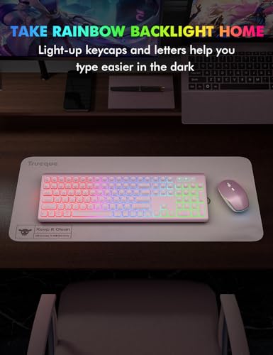 Image of Wireless Keyboard and Mouse Combo, RGB Backlit, Trueque KM42Pro | RGB Rainbow Backlit, Rechargeable Keyboard Mouse, Sleep Mode, 2.4GHz Wireless, Silent Soft Typing, USB-C Adapter