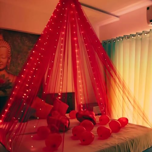 Image of Shimmers Red Net Curtain Decoration Set 4x8 Ft with Ribbon and Hooks, Backdrop Kit for Birthday, Wedding, Ganpati Decoration Photo Booth,Pack of 6 Pieces