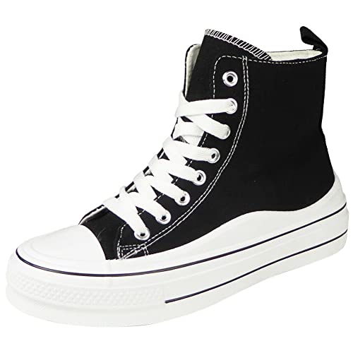 LoudLook Ladies Canvas Trainers High Top Platform Lace Up Running & Jogging Comfy Casual Summer Shoes Sizes Black 7