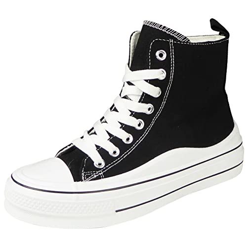 Ladies Canvas Trainers Shoes | Women Running Shoes | Ladies Sneakers Shoes | Women Casual Shoes | Ladies Comfy Shoes | Women Platform Shoes | Ladies High Top Shoes | Ladies Lace-Up Shoes Size 5 Black