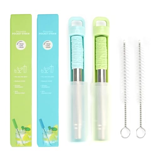 2 Pezzi Cannucce Acciaio Pieghevole Riutilizzabile, Metallo Portatili, Telescopiche con Spazzola per la Pulizia e Scatola, Inox, per Viaggi, L'ufficio, Casa