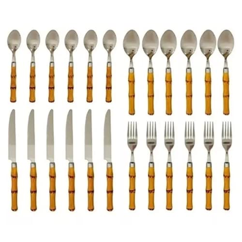 Conjunto Talheres Faqueiro Estilo Bambu 24 Pç + Suporte Inox