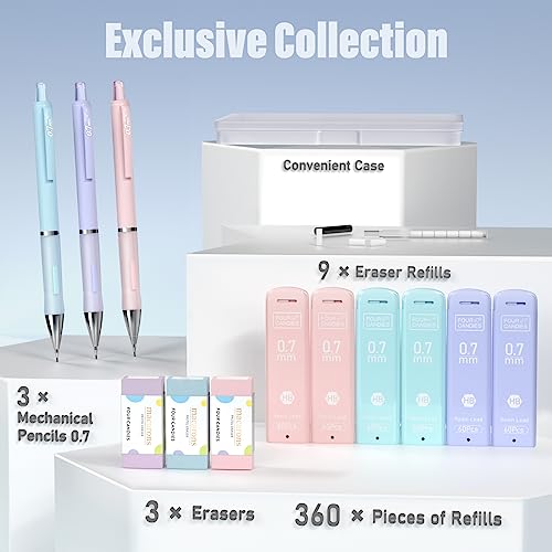 Four Candies Pastel Mechanical Pencil Set - 3Pcs 0.7Mm Mechanical Pencils With 360Pcs Hb Lead Refills, 3Pcs Erasers And 9Pcs Eraser Refills, Cute Colored Mechanical Pencils For Drawing & Writing #TOP5