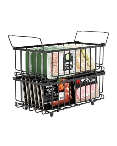 UMDONX Cesta para Congelador de 2 piezas negro - Cestas apilables para congelador con asa, fácil acceso, para congelador de 198L, organizar ingredientes congelados