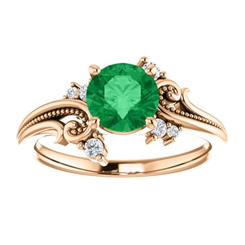 925 Sterling Silver Filigree Round Shape Emerald Green Diamond Ring Rose Gold Finish, Floral Engagement Ring, Round Proposal Ring, Twig Leaf