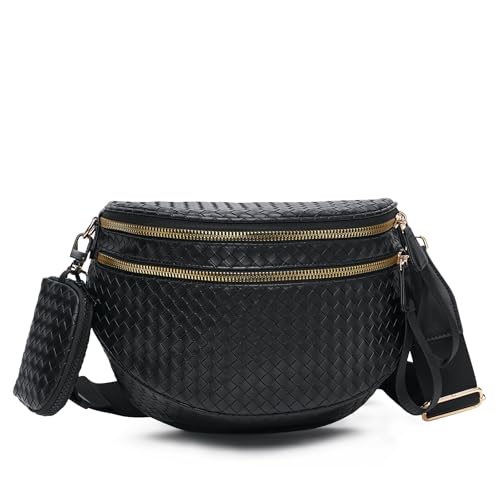 Woven Bum Bags for Women Vegan Leather Crossbody Bag with Coin Purse Trendy Fanny Packs with Adjustable Wide Strap Spacious Sling Shoulder Purse for Trave