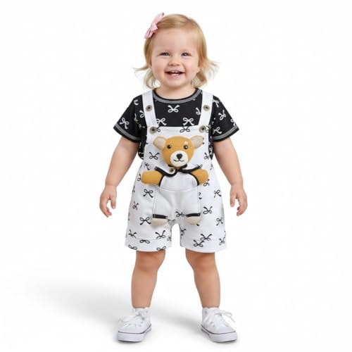 Image of A.T.U.N. (ALL THINGS UBER NICE) Baby Girls Cotton Denim Dungaree Set with 3D Teddy Bear Design |Printed T-Shirt with Adjustable Straps | Stylish & Comfortable Daily Outfit for Baby Unisex