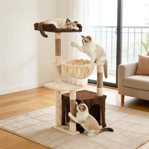 Cat Tree for Indoor Cats, 39.8-inch Cat Tower with 2 Plush Perches for Play & Rest, 1 Cozy Hideaway, Dangling Toy & Full Sisal Scratching Posts for Indoor Cats, Brown - Image 3