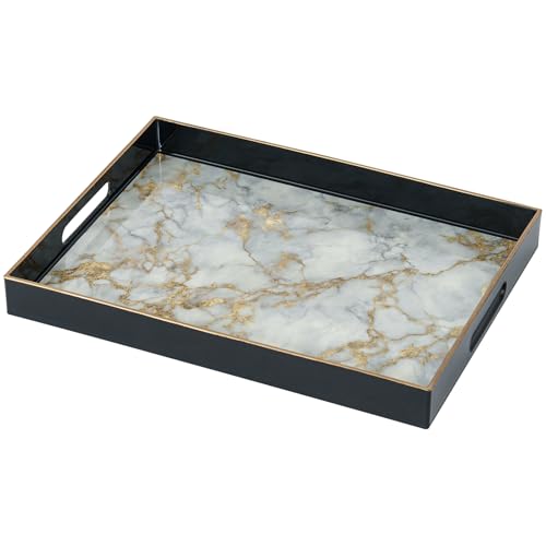 Serviertablett, Tablett mit Griff Marmor Deko Rechteckig Kaffeetablett, Bruchsicher Groß Tablett für Küche, Wohnzimmer, Bar， Partei(40 x 30 x 4 cm)