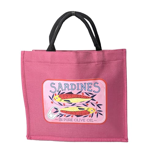 Sardines Tin Novelty Canvas Tote Bag Set: 2 Reusable Pink Travel Bags & Matching Zip Pouch with Unique Fish & Olive Oil Design2