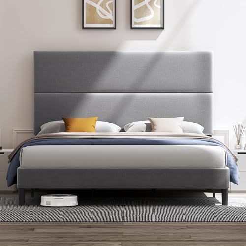 AMERLIFEQueen Size Bed Frame with Adjustable Headboard, Linen Upholstered Platform Bed/Strong Wood Slats Support/Easy Assembly/No Box Spring Needed/Noise-Free/Light Grey