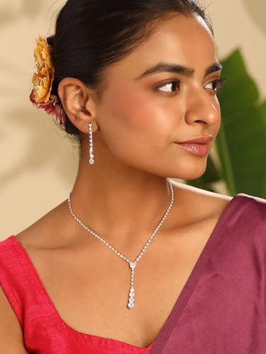 Image of Yellow Chimes Jewellery Set for Women | Fashion White Crystal Necklace Set for Women | Silver Jewellery Set | Rhodium Plated Necklace Set for Girls | Birthday Anniversary Gift