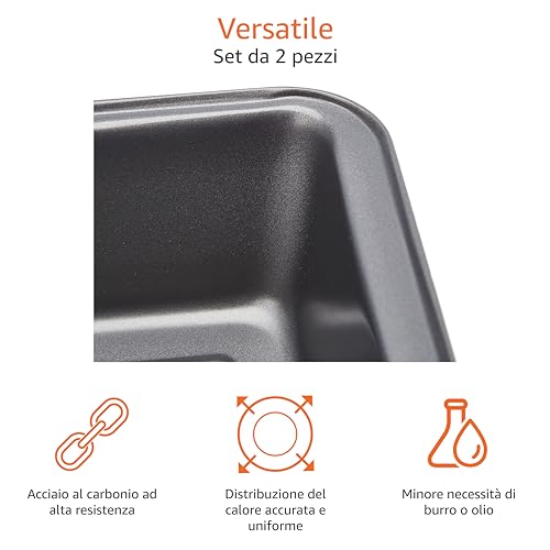 Amazon Basics - Teglia per pane in acciaio al carbonio antiaderente, confezione da 2, Grigio, Rettangolare, 27 x 15 x 7 cm