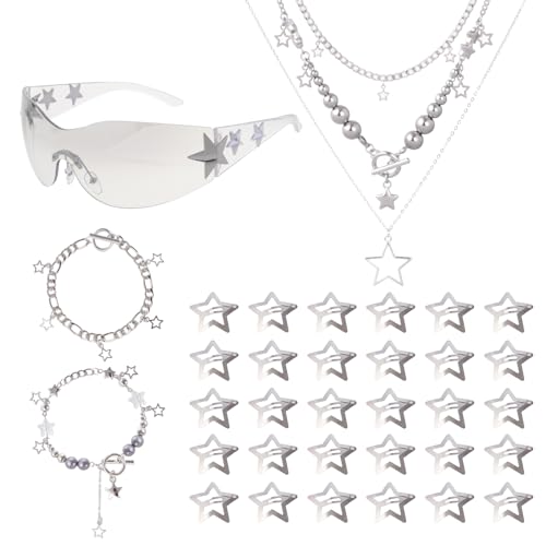 Y2k Accessories Set—Y2K Silver Grunge Layered Necklace, Star Necklace, Vintage Y2K Sunglasses, Y2k Silver Star Hair Clips Set for Women