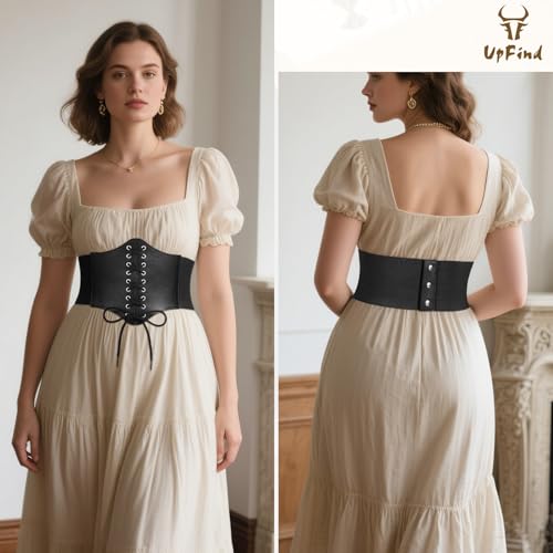 Women Elastic Wide Corset Waist Belt Vintage Lace-up Tied Waspie Corset Belts for Halloween Renaissance Punk Costume2