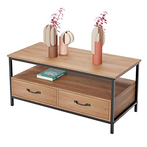 HOMECHO Mesa de Centro Industrial con 2 Cajones Mesa de Café Grante con Estante para Salón Dormitorio Oficina Marrón Claro 106 x 50 x 48 cm