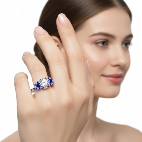 Image of 55Carat Choose Your Gemstone Delicate 3 Stone Halo Diamond CZ Ring Sterling Silver Round Shape Halo Engagement Rings Everyday Jewelry Wedding Jewelry Handmade Gifts for Wife US Size 4 to 12
